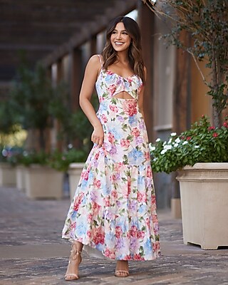 Floral Tie Front Ruffle Tiered Maxi ...